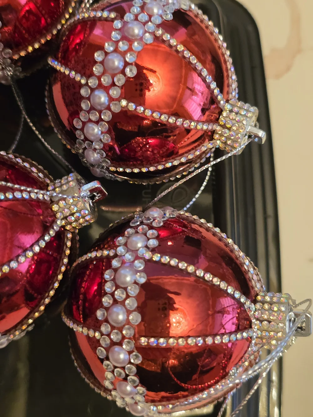 Red Beaded Holiday Ornament Set - Decorative Christmas New 4 Piece 2.6 Inch
